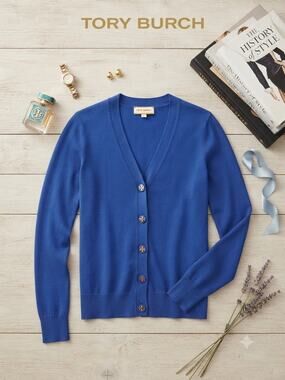 Tory Burch 100% Cotton Blue Cardigan - Size Small